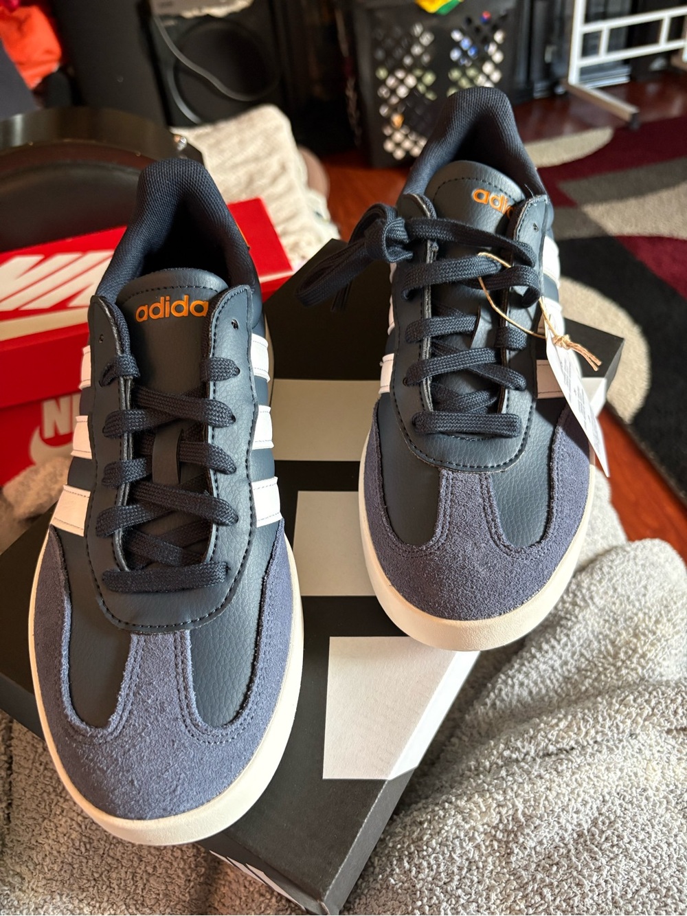ADIDAS- Navy, White & Orange Classic Low-Top Sneakers